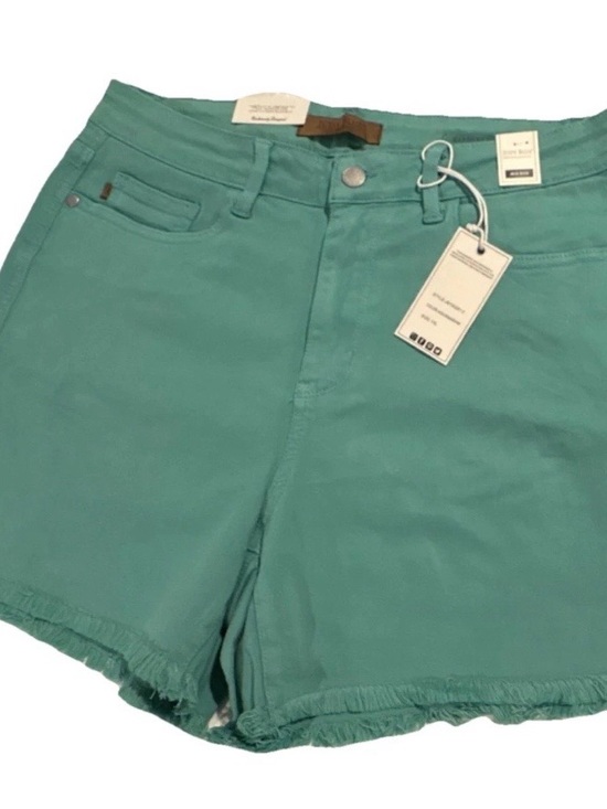 Judy Blue Pants - Judy Blue Women’s High-Rise Frayed Hem Shorts - Teal 1XL